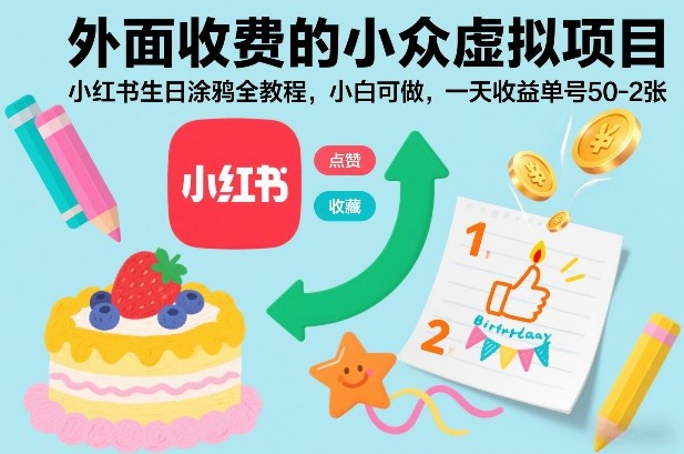 外面收费的小众虚拟项目，小红书生日涂鸦全教程，小白可做，一天收益单号50-2张-云泽轻创网