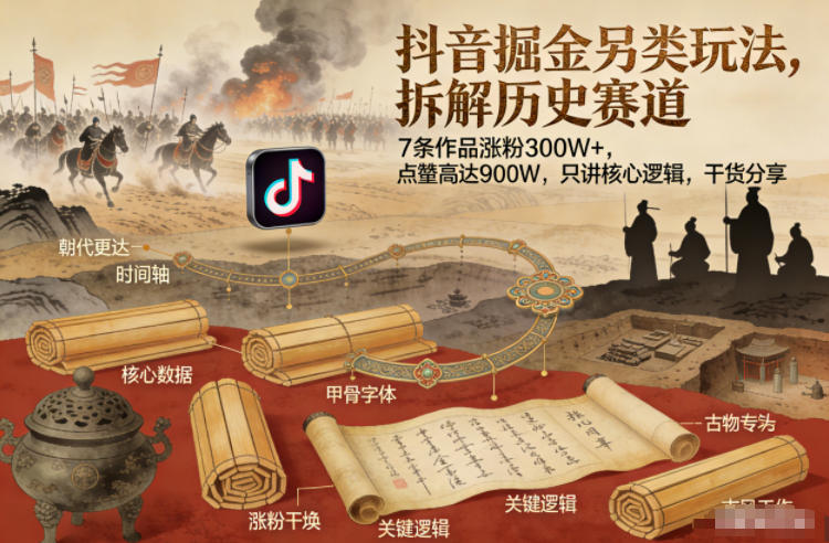 抖音掘金另类玩法，拆解历史赛道，7条作品涨粉300W+，点赞量高达900W，只讲核心逻辑，干货分享-云泽轻创网