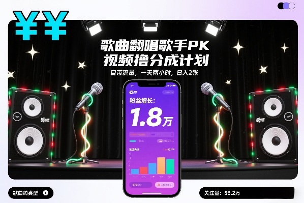 歌曲翻唱歌手PK视频撸分成计划，自带流量，一天两小时，日入2张-云泽轻创网