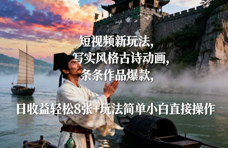 短视频新玩法，写实风格古诗动画，条条作品爆款，日收益轻松8张+玩法简单小白直接操作-云泽轻创网
