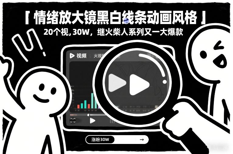 情绪放大镜黑白线条动画风格，20个视频，涨粉30W，继火柴人系列又一大爆款-云泽轻创网