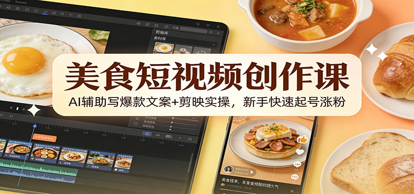 美食短视频创作课:AI辅助写爆款文案+剪映实操,新手快速起号涨粉-云泽轻创网