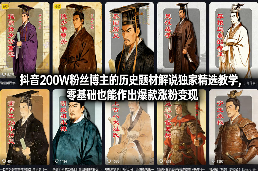 抖音200W粉丝博主的历史题材解说独家精选教学，零基础也能作出爆款涨粉变现-云泽轻创网