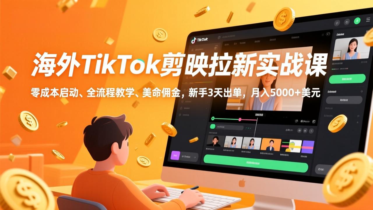 海外TikTok剪映拉新实战课，零成本启动、全流程教学、美金佣金，新手3天出单，月入5000+美元-云泽轻创网