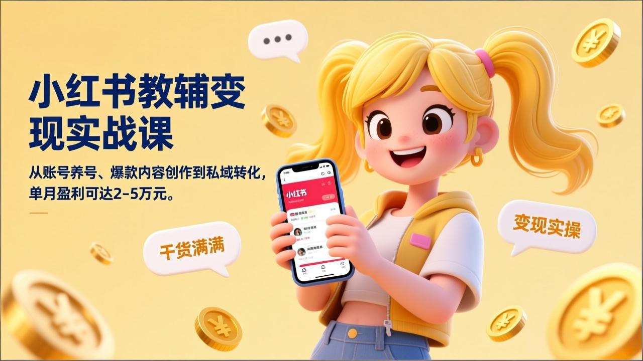 小红书教辅变现实战课，从账号养号、爆款内容创作到私域转化，单月盈利可达2-5万元-云泽轻创网