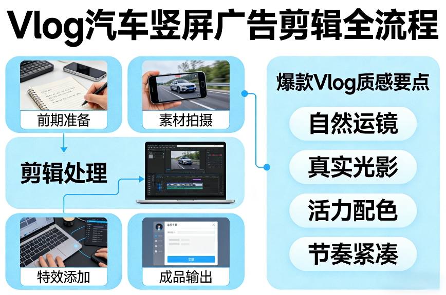 Vlog感觉汽车竖屏广告剪辑脚本全流程，拿捏爆款Vlog质感-云泽轻创网