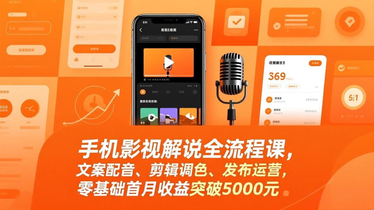 手机影视解说全流程课，文案配音、剪辑调色、发布运营，零基础首月收益突破5000元-云泽轻创网