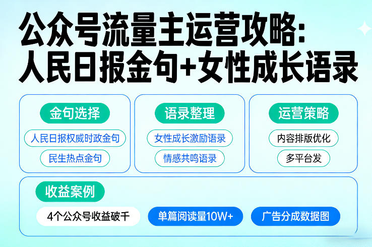利用人民日报金句+女性成长语录做公众号流量主，4个公众号收益破千-云泽轻创网