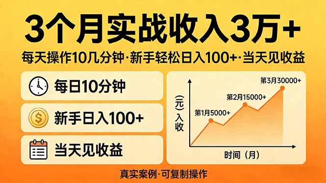 3个月实战收入3万+，每天操作10几分钟，新手轻松日入100+，当天见收益-云泽轻创网