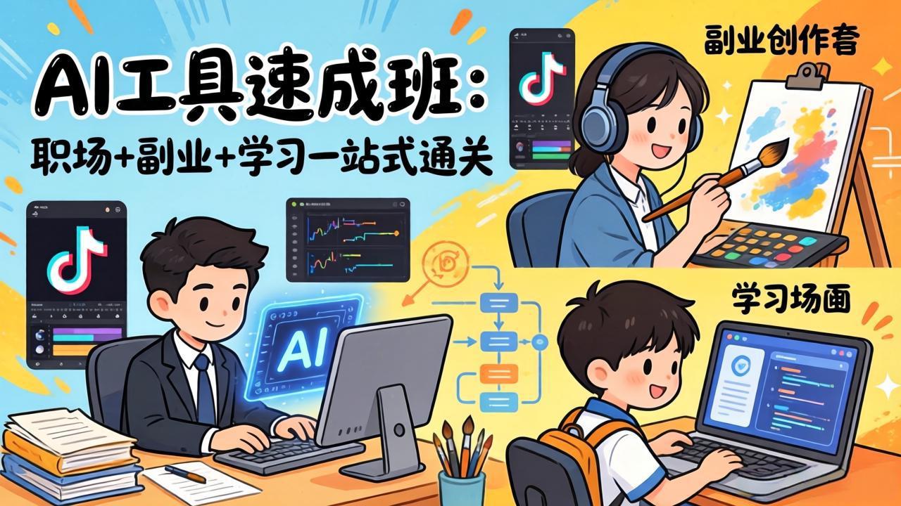 AI工具速成班：职场+副业+学习一站式通关，20+爆款类型+剪映技巧+抖音算法，0基础快速上手-云泽轻创网