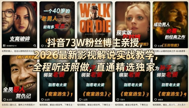 抖音73W粉丝博主亲授，2026最新影视解说实战教学，全程听话照做，直通精选独家-云泽轻创网