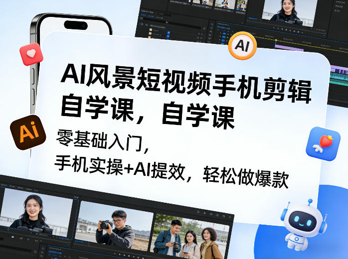 AI风景短视频手机剪辑自学课，零基础入门，手机实操+AI提效，轻松做爆款-云泽轻创网