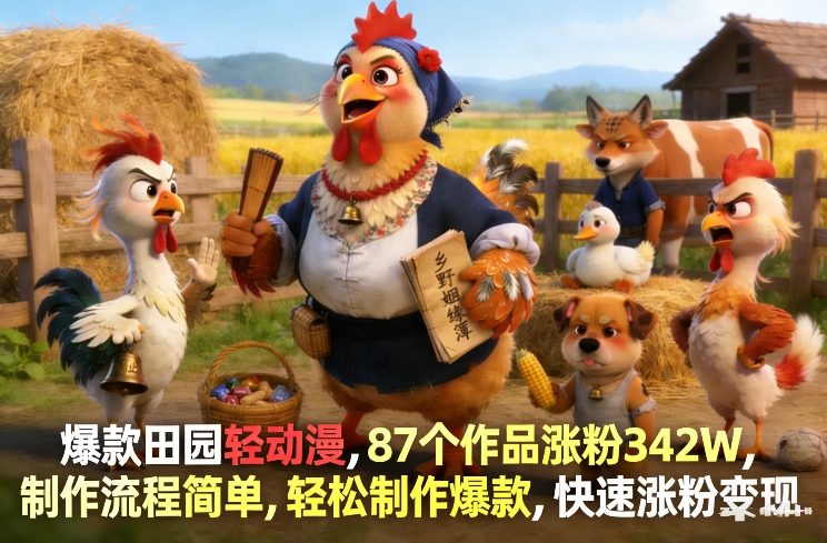 爆款田园轻动漫，87个作品涨粉342W，制作流程简单，轻松制作爆款，快速涨粉变现-云泽轻创网