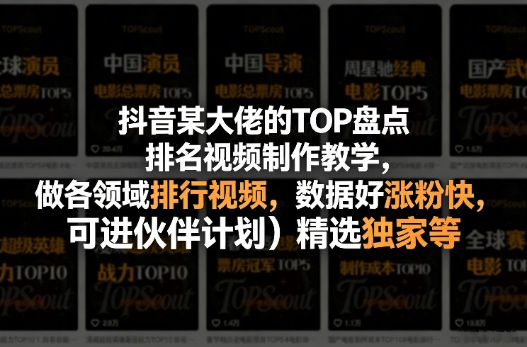 抖音某大佬的TOP盘点排名视频制作，做各领域排行视频，数据好涨粉快，可进伙伴计划＋精选独家等-云泽轻创网