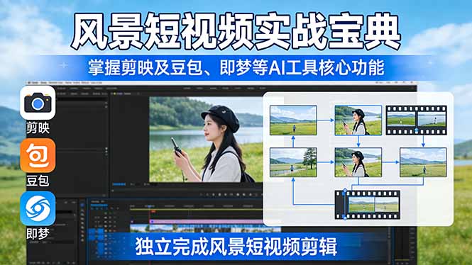风景短视频实战宝典：掌握剪映及豆包、即梦等AI工具的核心功能，独立完成风景短视频剪辑-云泽轻创网