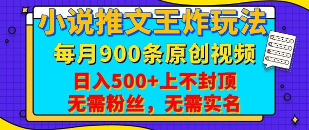 小说推文王炸玩法，一键代发，每月最多领900条原创视频，播放量收益日入5张，无需粉丝，无需实名【揭秘】-云泽轻创网