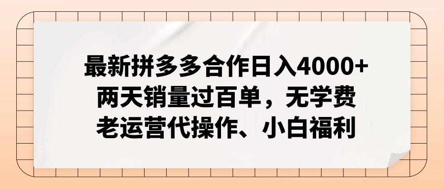 拼多多最新合作日入4000+两天销量过百单，无学费、老运营代操作、小白福利-云泽轻创网