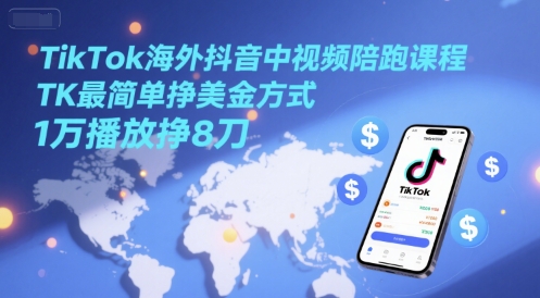 TikTok海外抖音中视频陪跑课程，TK最简单挣美金方式，1万播放挣8刀-云泽轻创网