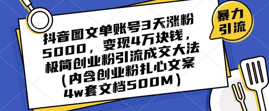 抖音图文单账号3天涨粉5000，变现4万块钱，极简创业粉引流成交大法-云泽轻创网