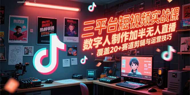 三平台短视频实战课，数字人制作加半无人直播，覆盖20+赛道剪辑与运营技巧-云泽轻创网