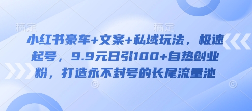 小红书豪车+文案+私域玩法，极速起号，9.9元日引100+自热创业粉，打造永不封号的长尾流量池-云泽轻创网
