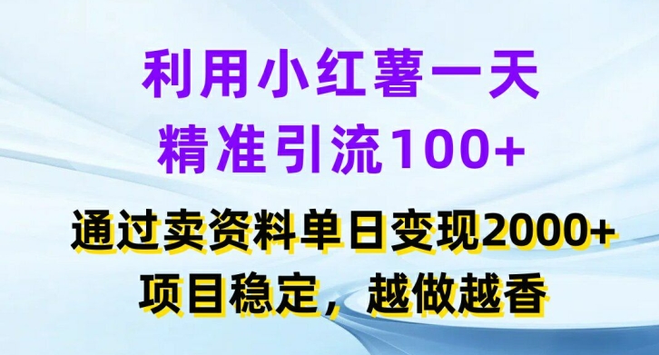 利用小红书一天精准引流100+，通过卖项目单日变现2k+，项目稳定，越做越香【揭秘】-云泽轻创网