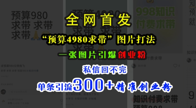 小红书“预算4980带我飞”图片打法，一张图片引爆创业粉，私信回不完，单条引流300+精准创业粉-云泽轻创网