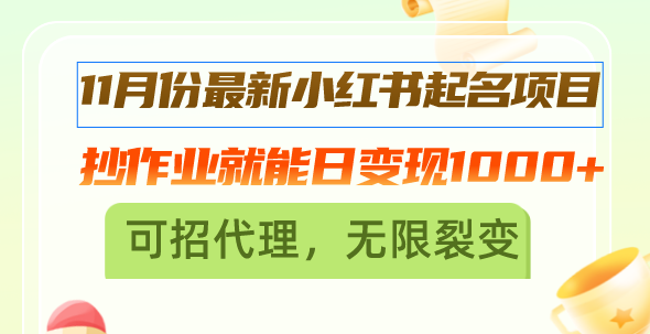 11月份最新小红书起名项目，抄作业就能日变现1000+，可招代理，无限裂变-云泽轻创网