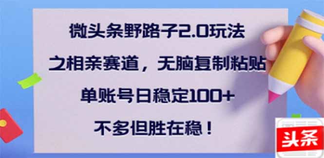 微头条野路子2.0玩法之相亲赛道，无脑搬砖复制粘贴，单账号日稳定300+…-云泽轻创网