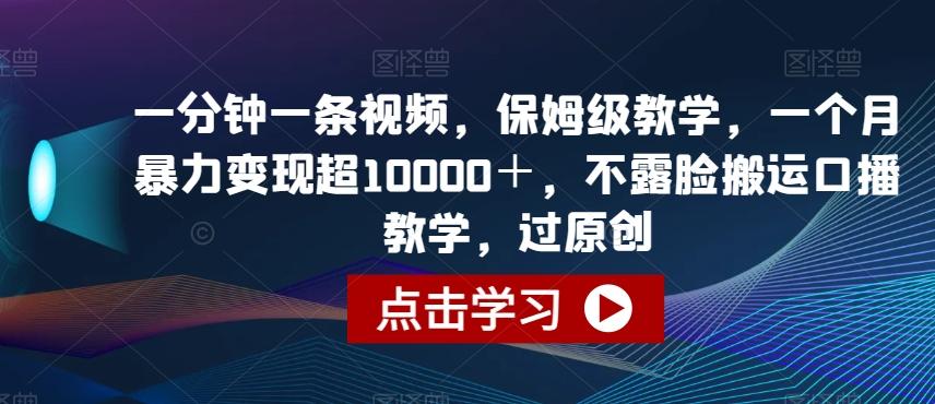 一分钟一条视频，保姆级教学，一个月暴力变现超10000＋，不露脸搬运口播教学，过原创-云泽轻创网