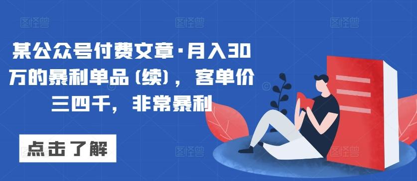 某公众号付费文章·月入30万的暴利单品(续)，客单价三四千，非常暴利-云泽轻创网