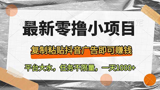 最新零撸小项目，复制粘贴抖音广告即可赚钱，平台大水，任务不限量，一…-云泽轻创网