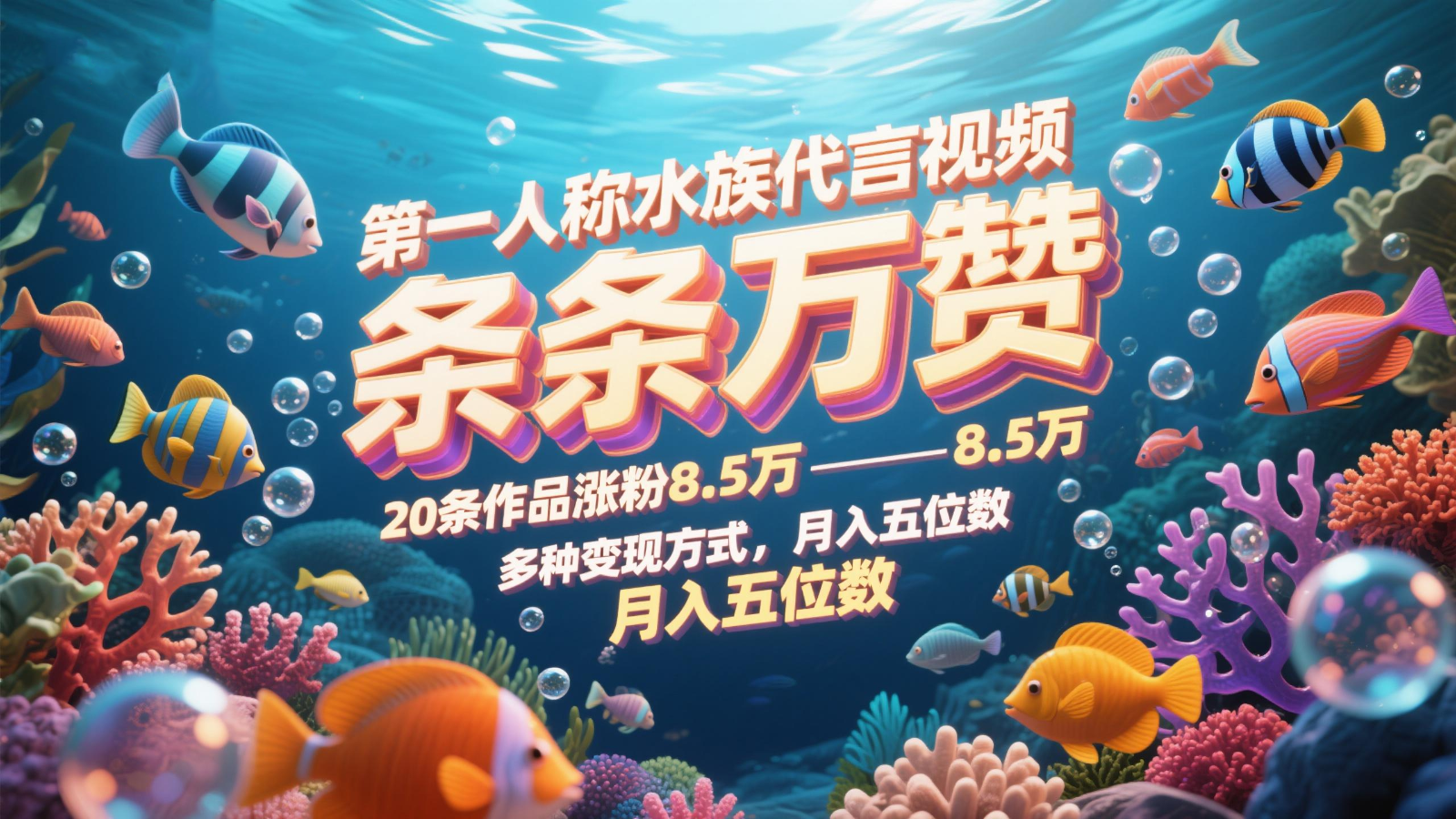 第一人称水族代言视频，条条万赞，20条作品涨粉8.5万，多种变现方式月，入五位数-云泽轻创网